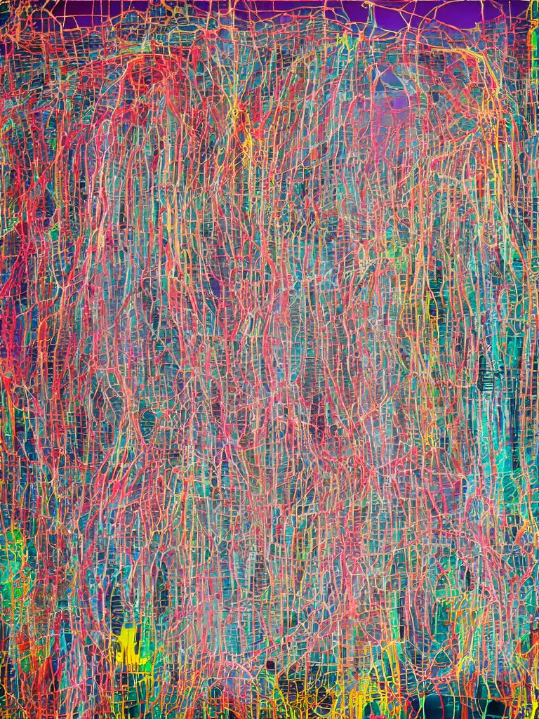 Prompt: Pastel curtains with a razor wire flair draped over a background of a circuit boards made of meat, veins, wires, and neurons. Very pretty and colorful. Makes me feel like I did when I banged your sister. Abstract surrealism in the style of Basquiat and Heade.