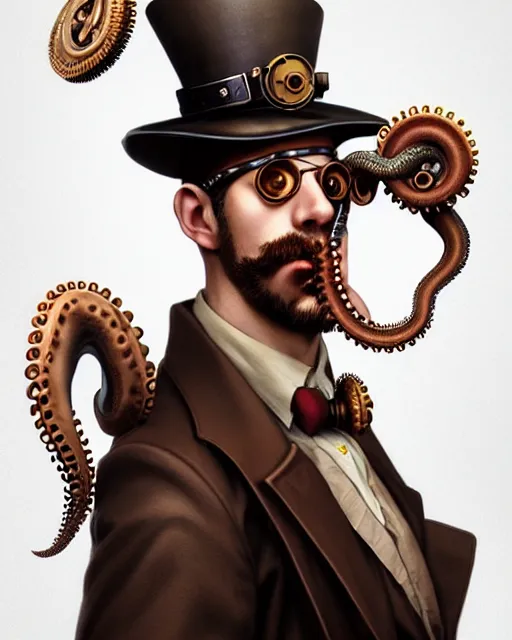 Prompt: steampunk male octopus portrait, handsome, steampunk hat, detective coat, steampunk monocle, complex 3 d render by ilya kuvshinov, peter mohrbacher, greg rutkowski, ryohei hase, dramatic lighting, intricate, highly detailed, sharp focus, luminous, unreal engine, blender, artstation, masterpiece, ray tracing