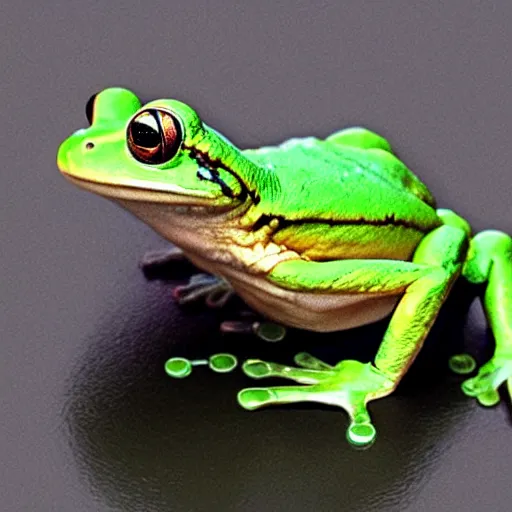 Image similar to photo of a rare frog equipped with machine gun and target acquisition system