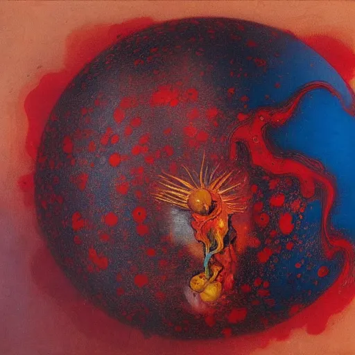 Image similar to a sphere being devoured by abstract splatters of paint in the style of francis bacon, venus being engulfed in flames in the style of james jean, surreal, beksinski, high detailed