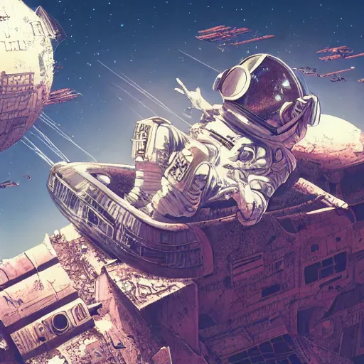 Image similar to intricate mechanical transformer astronaut lying on the ruined city with bleeding, by yoshitomo nara, by beeple, by yoshitaka amano, by victo ngai, by shaun tan, by good smile company, on cg society, 4 k wallpaper, pastel color theme, mandelbulb textures