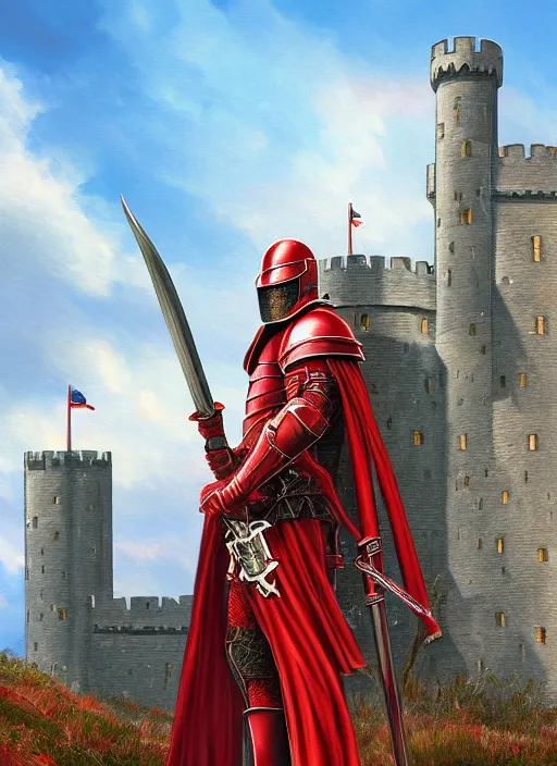 Image similar to A single Red Knight standing guard over the castle's gate, fantasy, artstation, highly detailed, 4k, digital painting, portrait by Larry Elmore