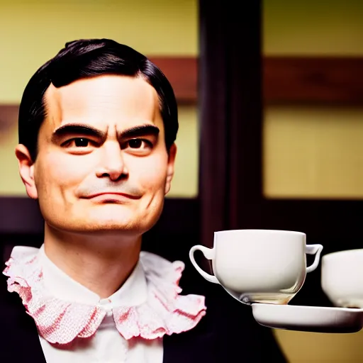 Image similar to close - up of ben shapiro angrily serving you tea at a japanese maid cafe, frilly outfit, depth of field, 3 5 mm, 8 k, photograph by annie leibovitz