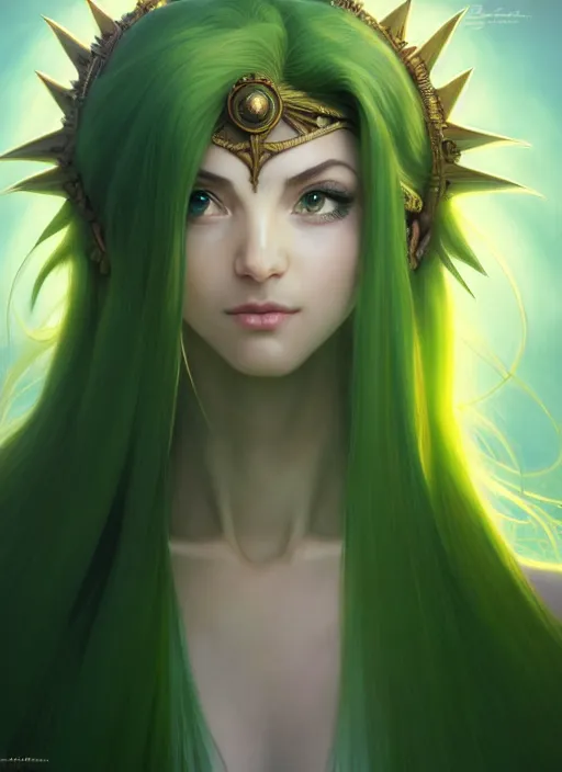 Image similar to portrait, from left, head and body, palutena, piercing green eyes, green hair, concept art, unreal engine, by rossdraws, frank franzzeta, intricate, masterpiece, elegant, hyper detailed, unreal engine rendered, concept art, smooth, sharp focus, illustration, art by artgerm and greg rutkowski and alphonse mucha and garis edelweiss