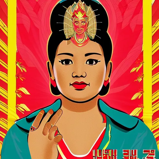 Image similar to portrait of a Chibcha gold goddess in the style of a North Korean propaganda poster and Soviet propaganda poster and American propaganda poster