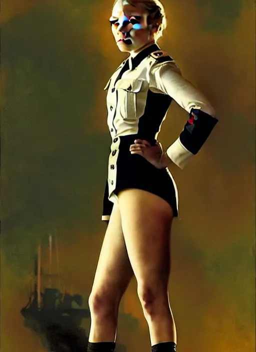 Image similar to annasophia robb in a war world II uniform, looking furious, startled, stockings, looking seductively attire by Greg Rutkowski, John Singer Sargent, Bryan Lee O'Malley, Edward Hopper