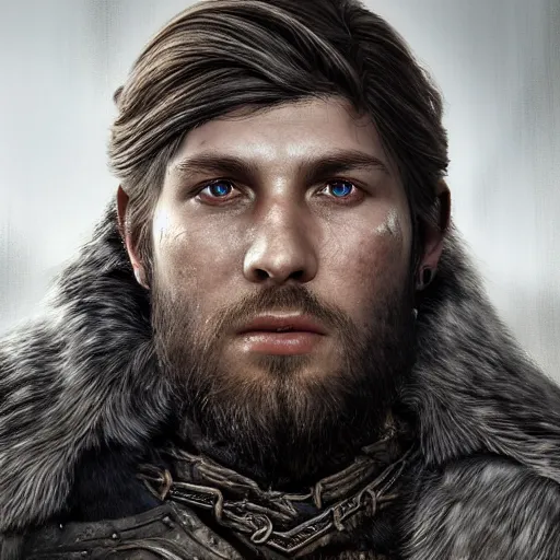 Image similar to hyperrealistic mixed media image of jarl from skyrim, stunning 3 d render inspired art by greg rutkowski and xiang duan and thomas eakes, perfect facial symmetry, flesh texture, realistic, highly detailed attributes and atmosphere, dim volumetric cinematic lighting, 8 k octane detailed render, post - processing, masterpiece,