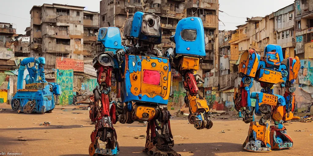 Prompt: colourful - damaged - giant mecha ROBOT of AJEGUNLE SLUMS of Lagos, markings on robot, Golden Hour, in the style of Ghibli,