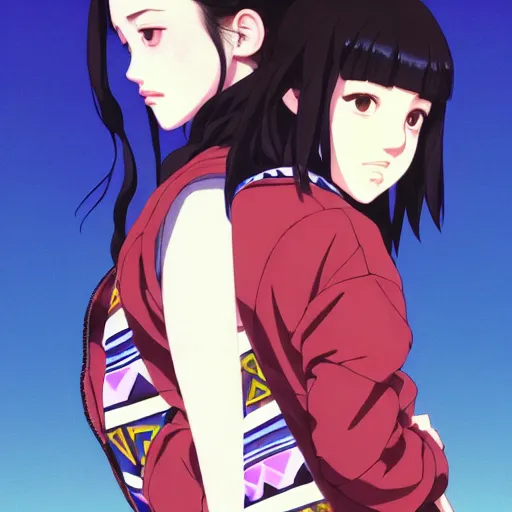 Image similar to a beautiful boyish kat dennings alluring gravure model, wearing oversized mayan bomber jacket and leotard with overalls, bulky poofy aztec native style bomber jacket with mayan patterns, gapmoe yandere grimdark, trending on pixiv fanbox, painted by greg rutkowski makoto shinkai takashi takeuchi studio ghibli, akihiko yoshida