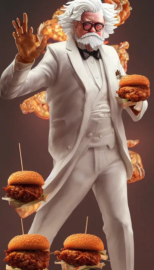 Prompt: a full body portrait of colonel sanders the fried chicken god, presenting the zinger burger!! extremely beautiful, anatomically accurate, by artgerm and by greg rutkowski and by alphonse mucha and by simon bisley, radiant light, detailed and intricate environment,