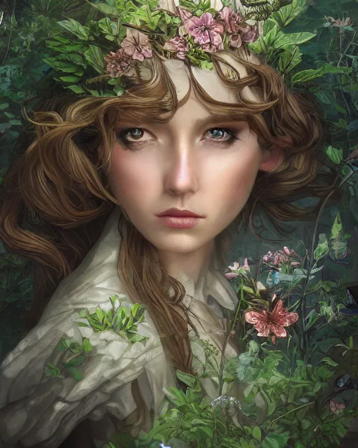 Image similar to A beautiful maid in a magical forest, beautiful face, very detailed face, fantasy art, in the style of JOHN STEPHENS, illustration, epic, fantasy, intricate, hyper detailed, artstation, concept art, smooth, sharp focus