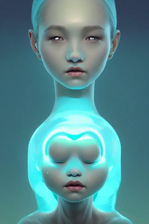 Prompt: super cute Bioluminescent water deity character concept, single head, no double head, soft light, soft mood, realistic body features and face, illustration, painting oil on canvas by Elena Zhurikhina and Goro Fujita and Charlie Bowater, octane render trending on artstation, 4k, 8k, HD