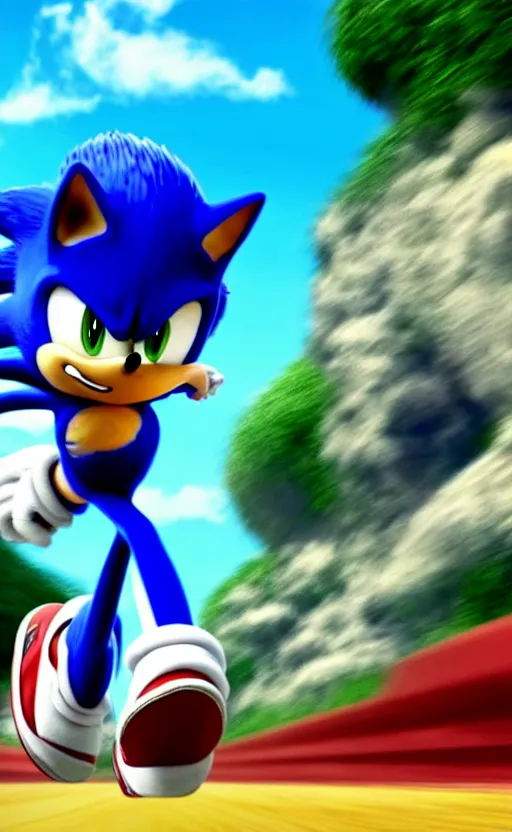 Image similar to super super super epic cinematic shot of sonic the hedgehog, sonic unleashed, apotos day zone, 8k miyazaki anime scene, motion blur, red shoes, green eyes, ++++++ super super super dynamic action running, concept photos, dynamic lighting, dynamic shaders, sunny day, amazing quality