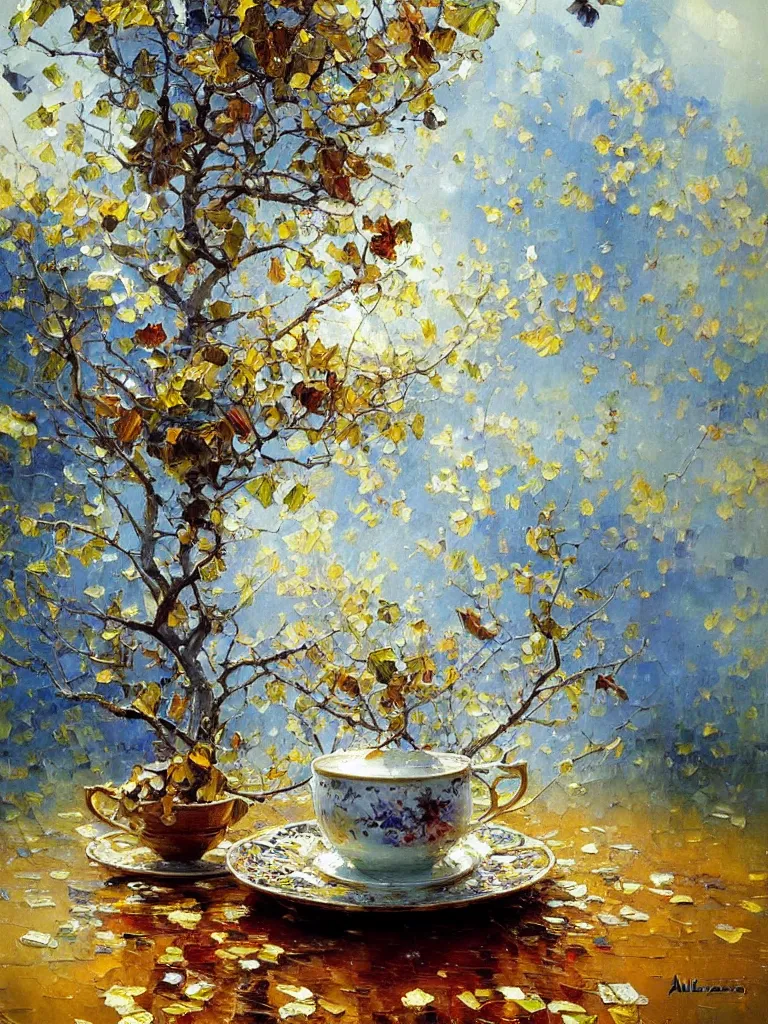 Prompt: tea cup amd friends, amazing impressionistic oil painting by alexi zaitsev, melinda matyas, denis sarazhin, karl spitzweg, intricate details, fractal leaves, tall windows, high quality, brush strokes, award winning, sharp focus, cool white