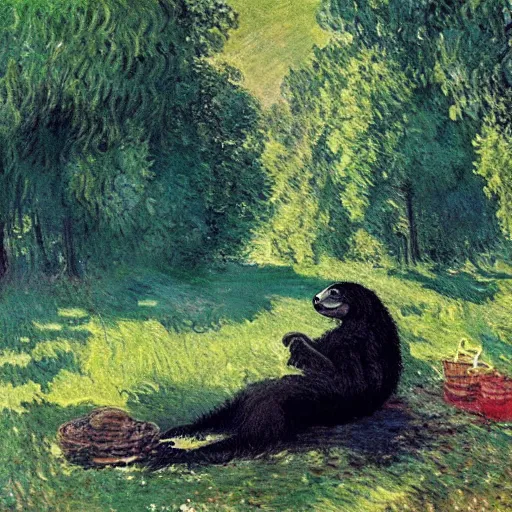 Image similar to “ a masterpiece painting of jon snow and a sloth having a picnic in central park by monet, ultra detailed, hd ”
