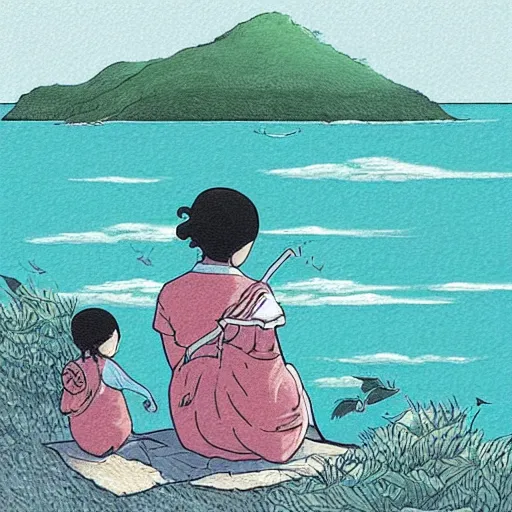 Image similar to “detailed illustration or mother and child playing next to the ocean, Miyazaki arty style”