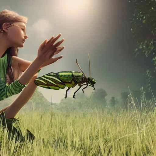 Prompt: a girl holding a giant grasshopper, photoreal, detailed, unreal engine 5, 8 k