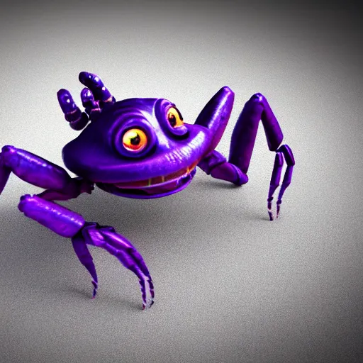 Image similar to full body purple alien crab creature with a lot of legs and many eyes and long nose detailed photo realistic cute 3d render