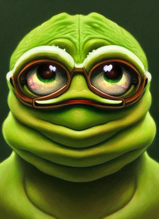 Prompt: depressed pepe the frog!!!, sad, portrait, intricat, highly detailed, digital painting, artstation, concept art, wallpaper, smooth, sharp focus, illustration, art by matt furie and artgerm! and greg rutkowski!! and alphonse mucha