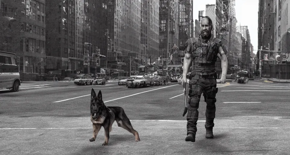 Prompt: the german shepherd of i am legend in new york, manga style, octane render, unreal engine, sundown, empty streets