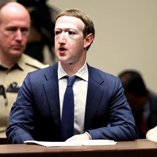 Image similar to disappointed mark zuckerberg on his trial at the hague