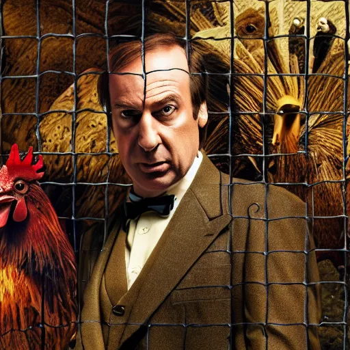 Image similar to saul goodman and a rooster in a saw movie torture chamber, saw movie jigsaw background, saul goodman, rooster, photo