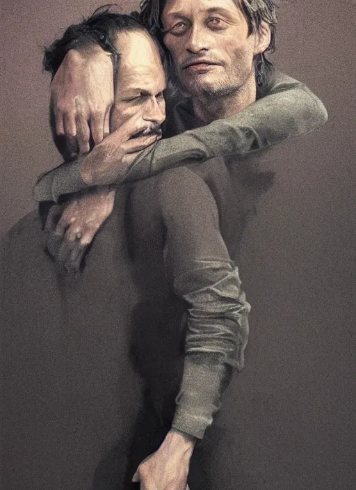 Image similar to close up portrait of Mads Mikkelsen!!! and Hugh Dancy!!! holding hands romantically as they chaperone school dance by ((Zdzislaw Beksinski)), Michael Whelan, Bob Larkin and Tomer Hanuka, simple illustration, domestic, nostalgic, clean, Matte painting, trending on artstation and unreal engine, New Yorker magazine cover