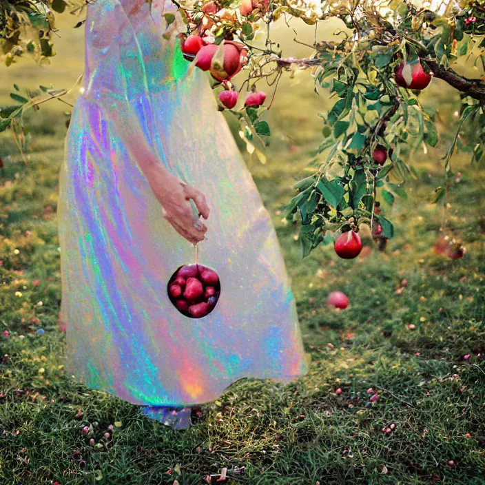 Prompt: a closeup portrait of a woman wearing a dress made of iridescent holographic vinyl, picking pomegranates from a tree in an orchard, foggy, moody, photograph, by vincent desiderio, canon eos c 3 0 0, ƒ 1. 8, 3 5 mm, 8 k, medium - format print