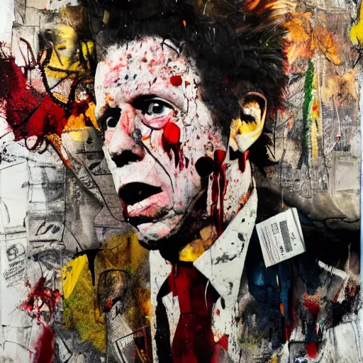 Prompt: hyperrealistic, photorealistic, mixed media oil painting of tom waits, magazine scraps, plaster, blood, oil, mustard, splatter, greg rutkowski, basquiat, ralph steadman, wesley kimler, terry gilliam, andy warhol, dali