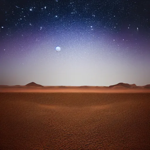 Prompt: twin stars above alien desert landscape, moody