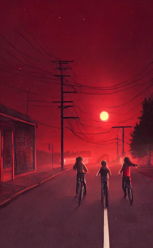 Image similar to stranger things inspired wallpaper, red ambience, at night, creepy over the street in the background, dynamic lighting, photorealistic fantasy concept art, trending on art station, stunning visuals, creative, cinematic, ultra detailed