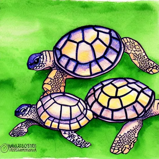 Prompt: Adorable turtles playing at the park in watercolor style