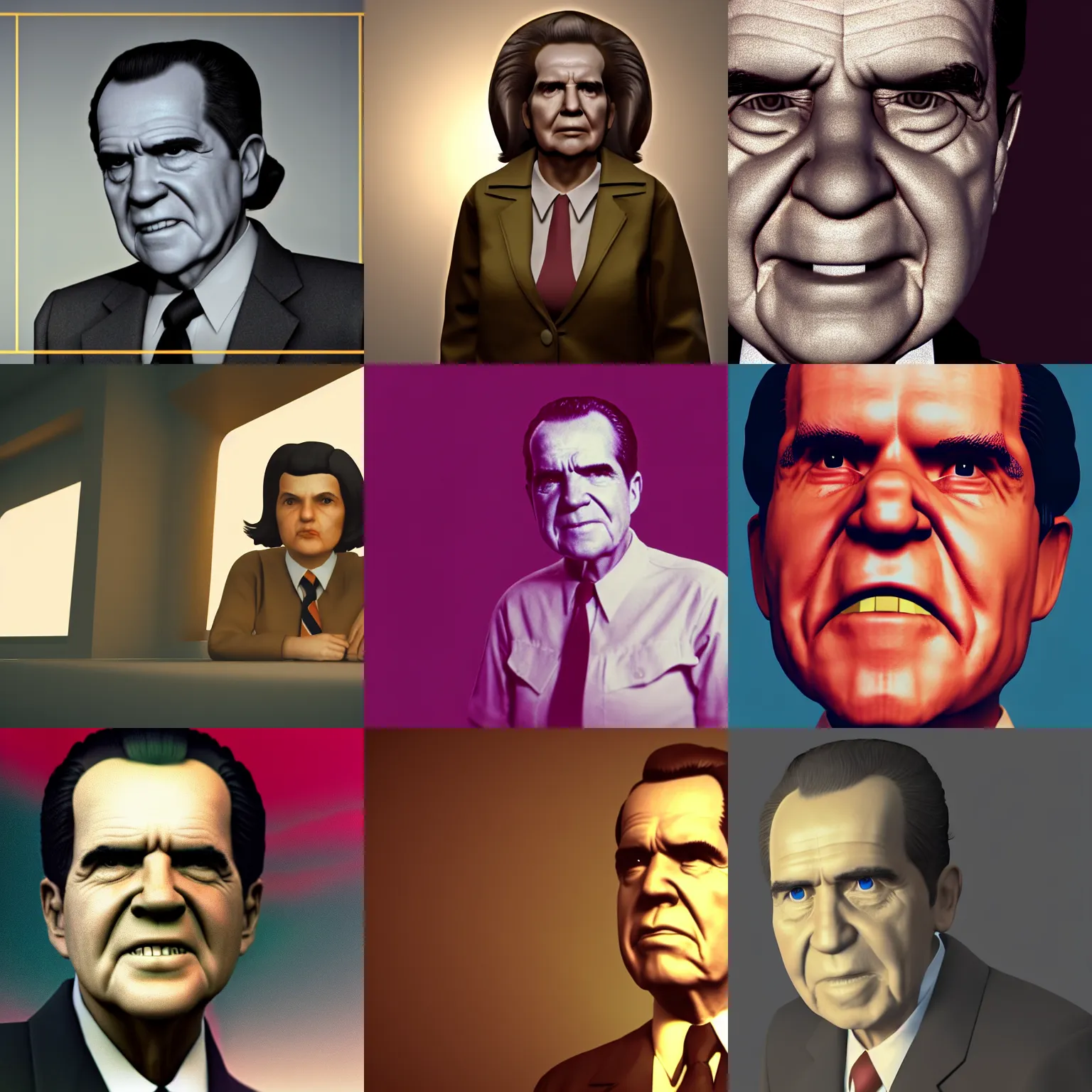 Prompt: richard nixon as a shy schoolgirl, unreal engine, 3 d octane render, volumetric lighting, golden hour