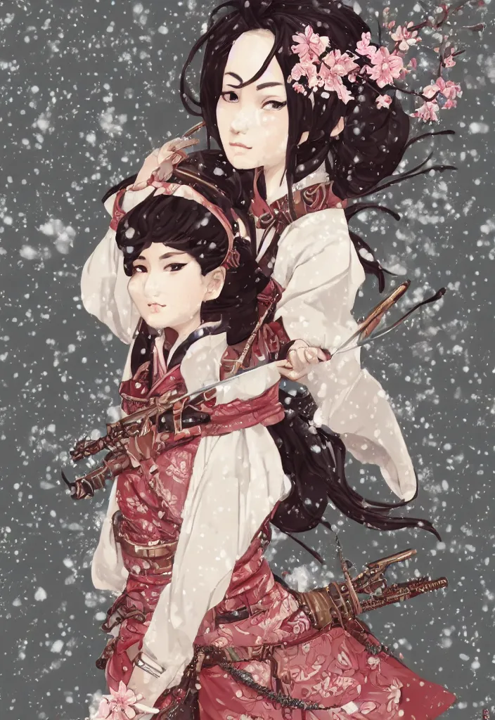 Image similar to detailed portrait of steampunk black girl samurai with tachi and cross bow combat pose in snow forest sakura cherry blossom swan hakama kimono trending on artstation elite, elegant, luxury, by krenz cushart, junji ito, perfect face, fine details, realistic shaded, fine - face, pretty face