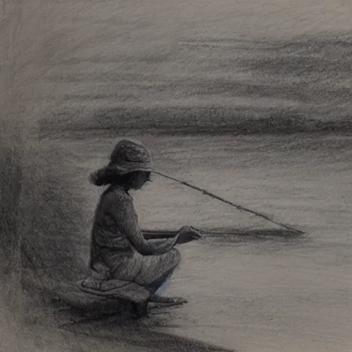 Image similar to girl fishing on the river bank, pencil sketch