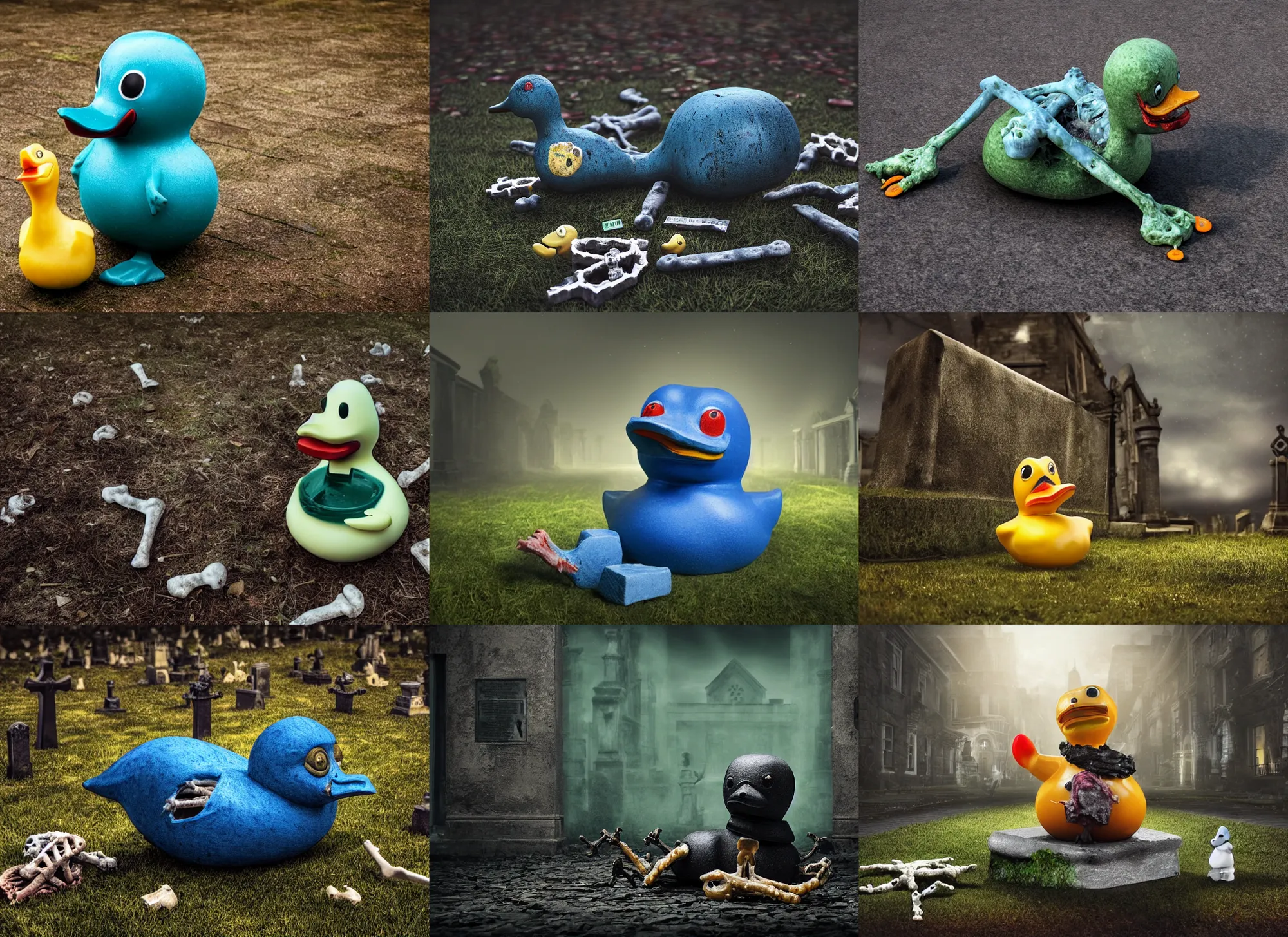 Prompt: high quality 3 d rendering, dark hyperrealistic, zombie rubber duck with bones and flesh sticking out of it, in a dark graveyard. against the background of a dark mysterious sky, the predominance of blue - green tones, soft street light, low angle, uhd 8 k, sharp focus