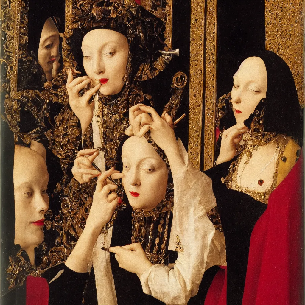 Image similar to close up of a woman putting on garish make - up. mirror, moth. jan van eyck