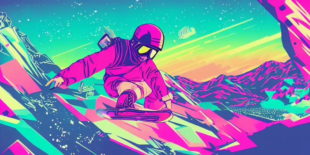 Image similar to vaporwave, vector graphics, synthwave, neon, vader snowboarding
