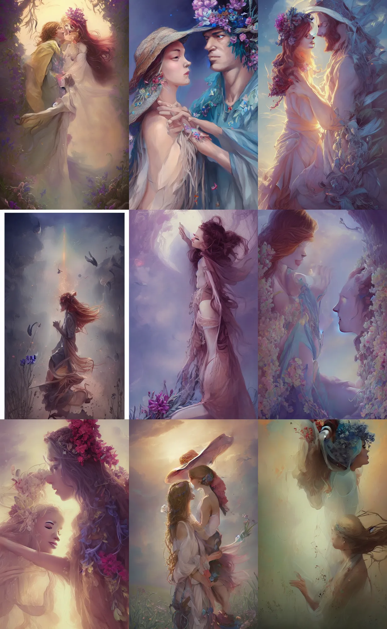 Prompt: bestselling movie poster, official media,a smooth cinematic beautiful closeup moment of lovers saying goodbye wearing boho poncho and sunhat with hyacinths, full body portrait and simple form, smooth shapes, pixiv, pete mohrbacher and artgerm and wlop, digital art, highly detailed, intricate, fantasy, mystical, sharp focus, Trending on Artstation HQ, deviantart, unreal engine 5, 4K UHD image,1990s fashion, official anime media, cinematic lighting, artstation consept artwork by doja cat, charlie bowater, waterhouse, ,greg rutkowski, wong kar wai