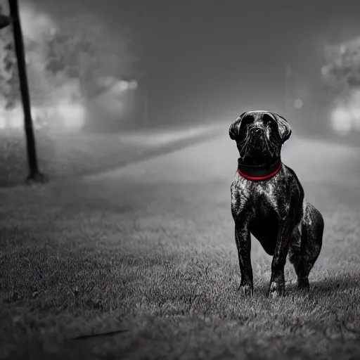 Image similar to A dog with a red collar walking from a dark place to a light place, the dog is monochrome, and has spots. 8k, hyper realistic, HD