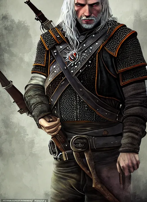 Image similar to portrait of a wizard holding a gun, the witcher has a half shaved head and tattoos, the wizard holding a pistol points downwards, the wizard holding a pistol is only one and stands in a ruined city. by Ciryl Rolando, hyperrealistic illustration, digital art, studio lightning, very detailed faces