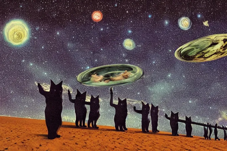 Image similar to night starry sky full of cats, by storm thorgerson