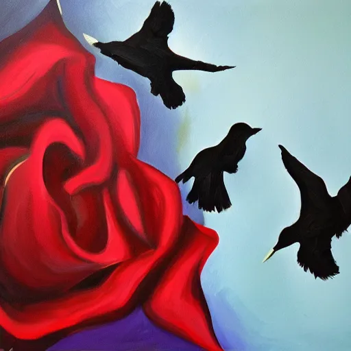 Prompt: flock of ravens in the shape of a rose. painting, oil on canvas