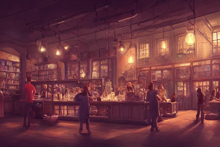 Prompt: a storybook illustration of inside a coffee shop, hyper realistic, ambient lighting, concept art, intricate, hyper detailed, smooth, dynamic volumetric lighting, octane, raytrace, cinematic, high quality, high resolution, 4 k