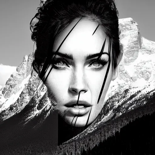 Image similar to double - exposure effect of megan fox face as beautiful mountains, in the style of dan mountford, amazing detail, black and white