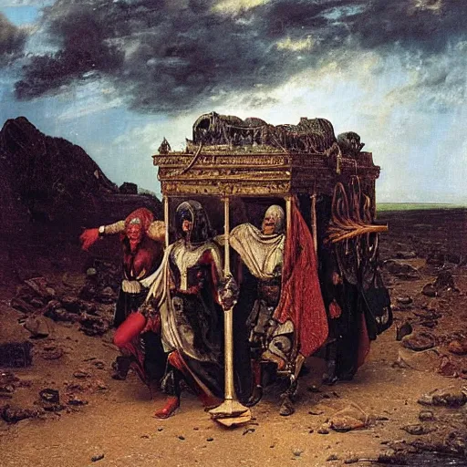 Prompt: by rudolf ernst, by pieter aertsen apocalyptic. a installation art of a coffin being carried by six men through an ethereal, otherworldly landscape. the men are all wearing hooded cloaks. the landscape is eerie & foreboding, with jagged rocks & eerie, glowing plants.