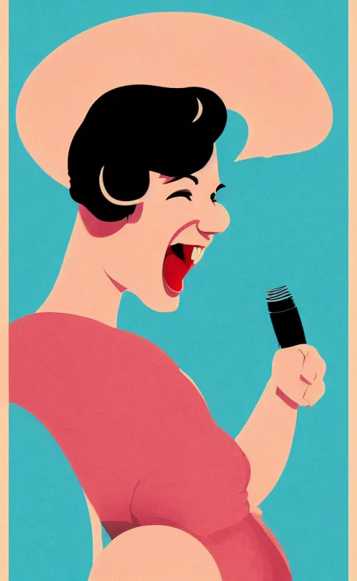 Prompt: illustration with a woman laughing out loud with open mouth, standup, comedy, joke, an art deco painting by tom whalen, trending on behance, art deco, digital illustration, storybook illustration, grainy texture, flat shading, vector art, airbrush, pastel, watercolor, poster