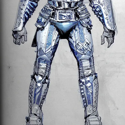 Prompt: white-on-blue blueprint with anotations of ornate armor legs covered in runic tattoos, Travis Charest style