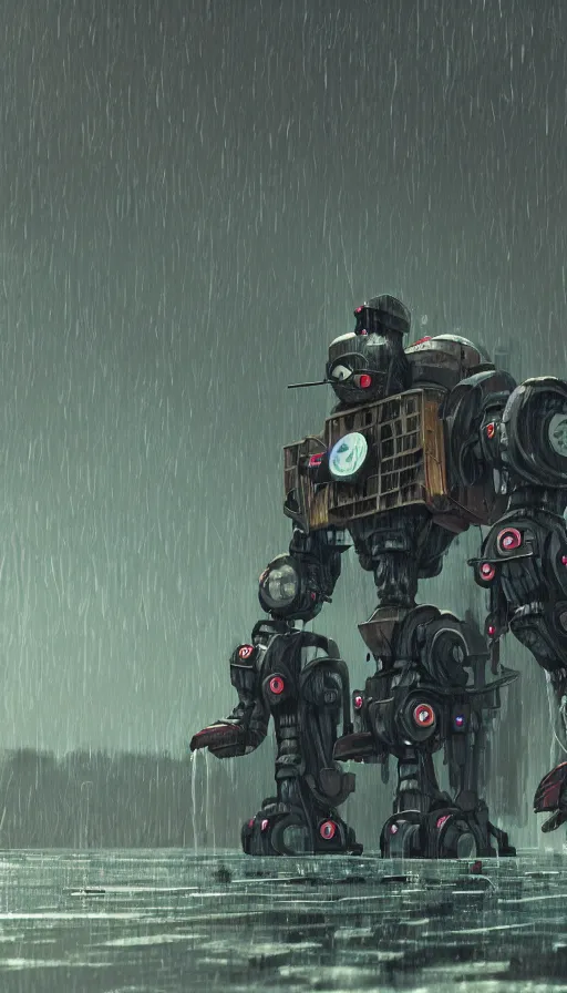 Image similar to a giant broken robot cooling down in rain, water droplets, rustic, dormant, nearby, sharp focus, james gilleard, cinematic, game art, extremely detailed digital painting, print