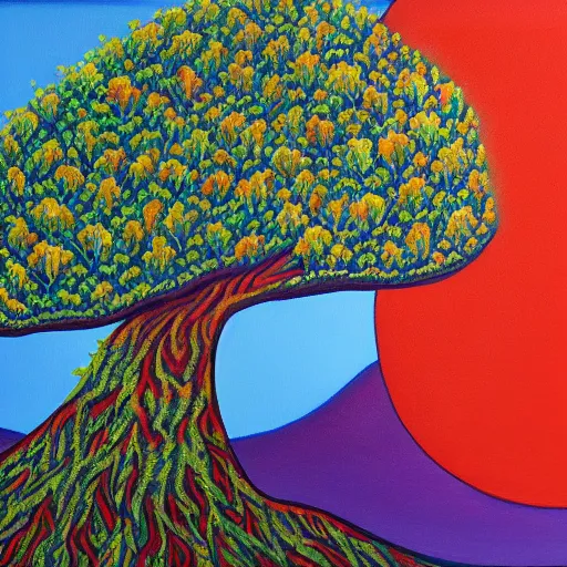 Image similar to a painting of a tree with lots of leaves, an ultrafine detailed painting by rachel reckitt, featured on dribble, metaphysical painting, oil on canvas, acrylic art, detailed painting